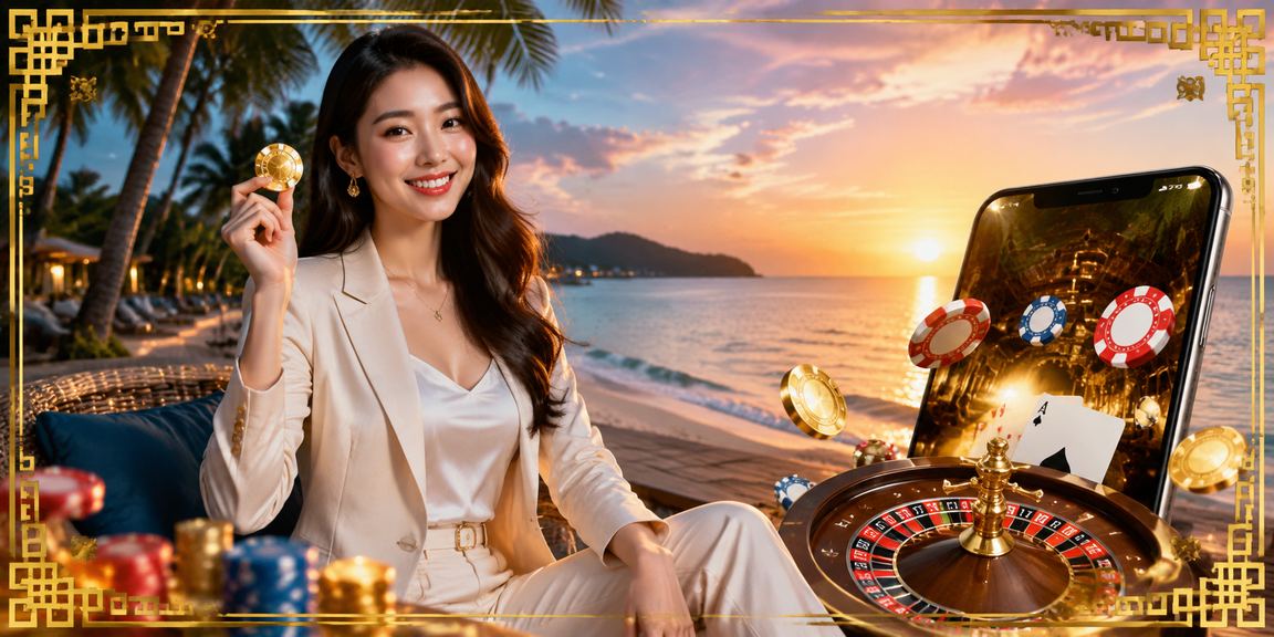 Người dùng tại Phú Quốc chơi jackpot slot trên điện thoại cạnh bãi biển nhiệt đới